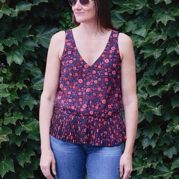 Rebecca Taylor Red & Black Floral Silk Peplum Top - Picture 7 of 7